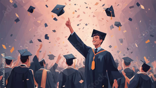 illustration of a boy celebrating her bachelor's graduation, lonely, low poly style