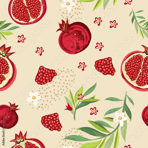 Hand drawn pomegranate seamless pattern. Vector colored engraved illustration. Juicy natural fruit. Food healthy ingredient.