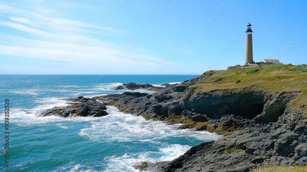 A Coastal Lighthouse Stands Tall on a Rocky Outcropping