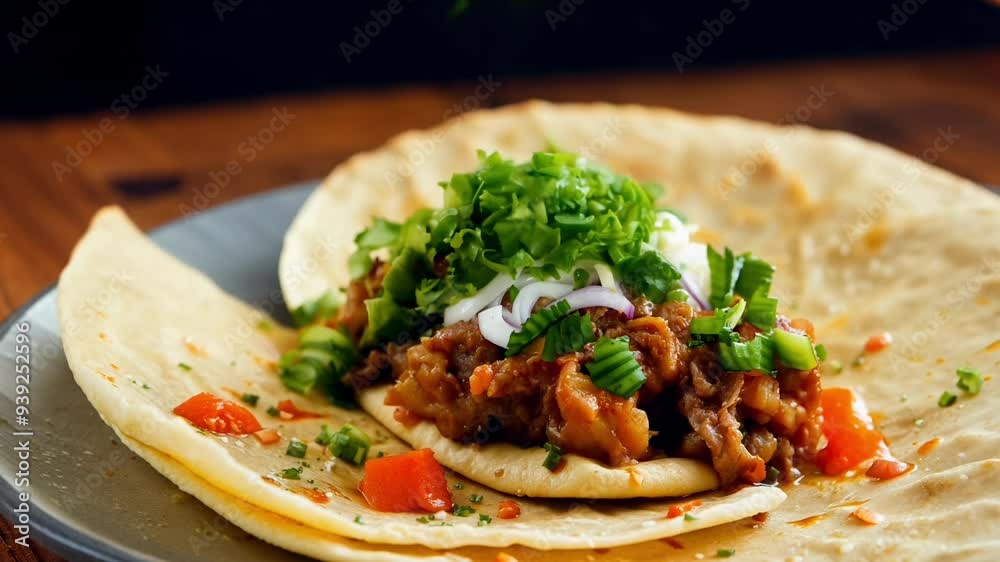 Tacos filled with flavorful meat and topped with onions and cilantro are prepared on a plate. Tacos filled with flavorful meat and topped with onions and cilantro are prepared on a plate.