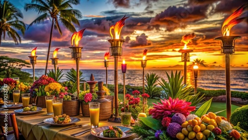 Vibrant tropical sunset backdrop with colorful tiki torches, exotic flowers, and a sumptuous Hawaiian-inspired feast spread, evoking a festive and carefree island atmosphere. photo