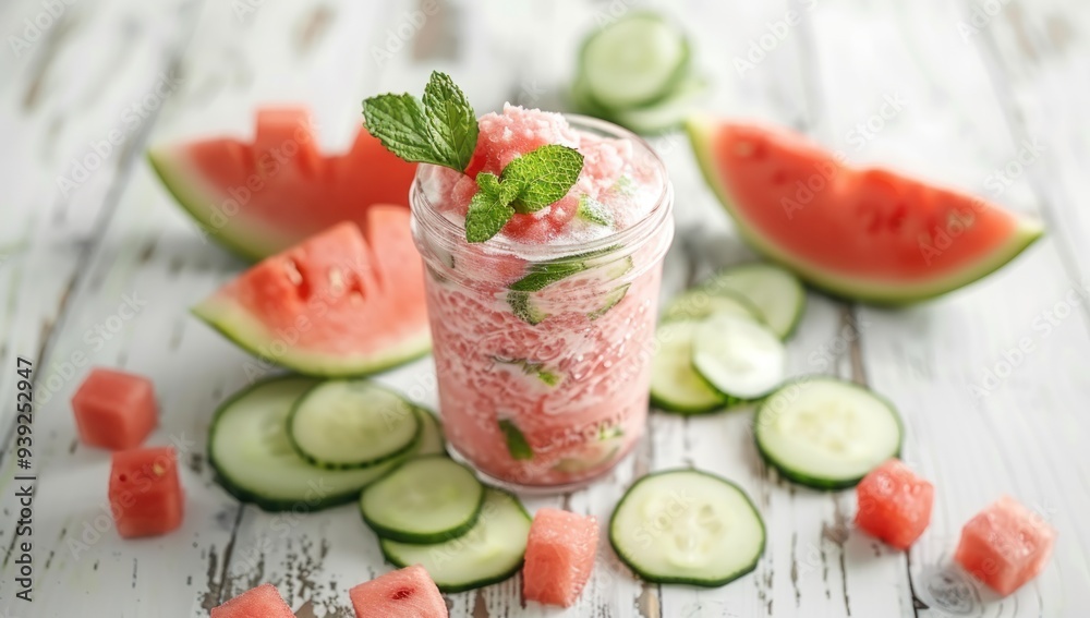Watermelon Cucumber Slushie in a glass mason jar with mint garnish