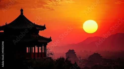Silhouetted Chinese Pagoda at Sunset Over a Cityscape