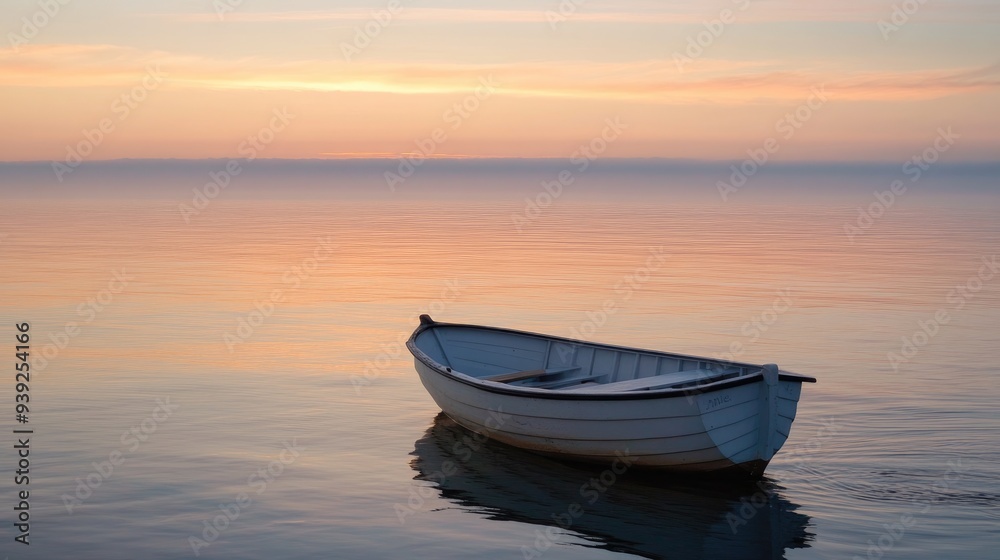 Naklejka premium Solitary Rowboat at Sunset on a Calm Lake