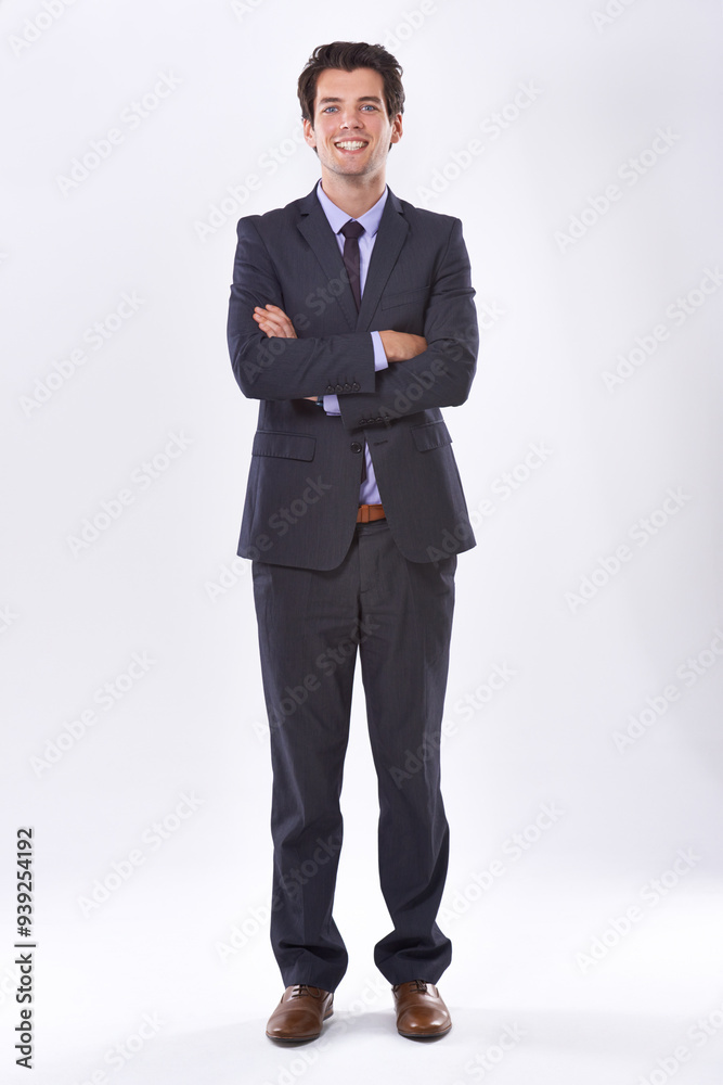 Businessman, happy and portrait in studio with arms crossed for career pride, corporate law and confidence. Lawyer, professional and employee for attorney and advisor on white background with space Businessman, happy and portrait in studio with arms crossed for career pride, corporate law and confidence. Lawyer, professional and employee for attorney and advisor on white background with space