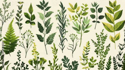 medieval style illustration of various plants, thick lines, green, AI Generative photo