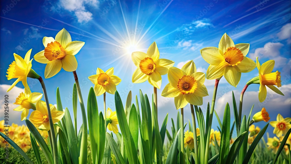 Obraz premium Vibrant yellow daffodils sway gently in the breeze, surrounded by lush green foliage, against a serene blue sky, symbolizing hope and renewal in spring.