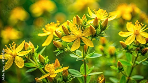 Vibrant yellow flowers of perforate St. John's Wort, surrounded by bright green leaves, bloom in a lush meadow with subtle background blur. photo