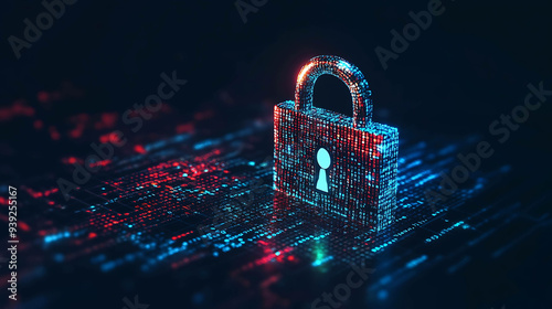 A digital padlock made of glowing binary code stands on a futuristic circuit board.