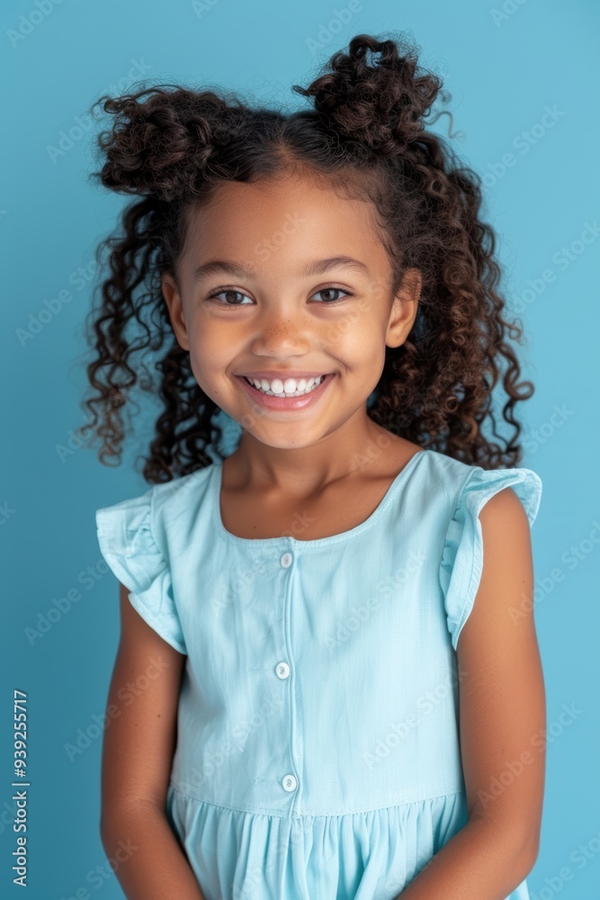 Joyful young girl with a smile, standing with hands behind her back against a blue background, dressed in a casual denim outfit and white t-shirt Joyful young girl with a smile, standing with hands behind her back against a blue background, dressed in a casual denim outfit and white t-shirt