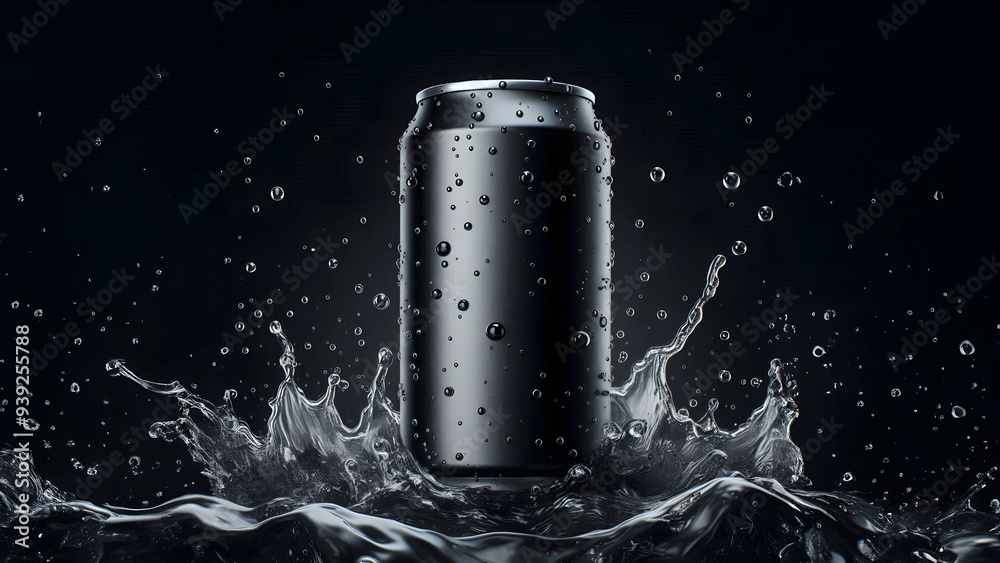 Blank black aluminum soda can with drops splash mockup Blank black aluminum soda can with drops splash mockup