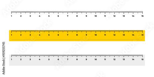 Realistic school ruler vector illustration. Ruler marking gradation template in three styles. Geometric length measure equipment. Metric gradation horizontal concept. Centimeter ruler symbol.