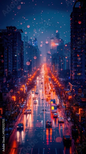 Rainy Night Cityscape with Neon Lights and Traffic