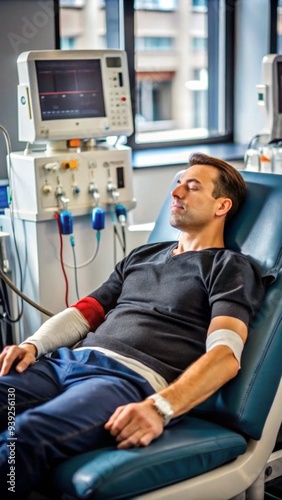 A patient undergoing dialysis, reclined in a chair with a machine filtering their blood.