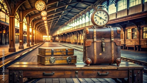 Vintage luggage sitting on a worn wooden suitcase rack in a dimly lit, classic-style railway station with old-fashioned clocks and rustic wooden benches. photo