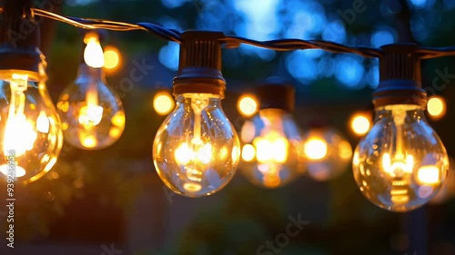String lights create a cozy ambiance for a gathering as dusk settles, casting a warm glow in the evening sky.