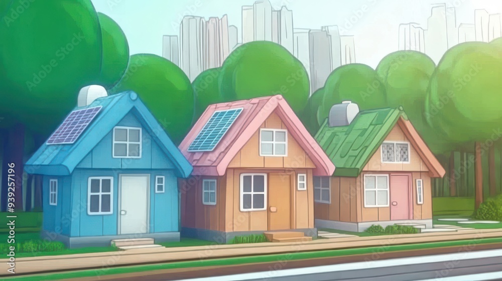 Tiny Eco-Homes, vibrant small houses nestled in lush greenery, featuring icons for solar energy and water conservation, showcasing sustainable living in harmony with nature Tiny Eco-Homes, vibrant small houses nestled in lush greenery, featuring icons for solar energy and water conservation, showcasing sustainable living in harmony with nature