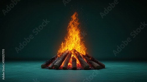 Flames dance above a neat pile of logs, casting a captivating glow