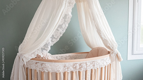 Baby room bassinet, baby cradle bed with lace or soft fabric canopy, cosy nursery interior design and decor, country home style idea