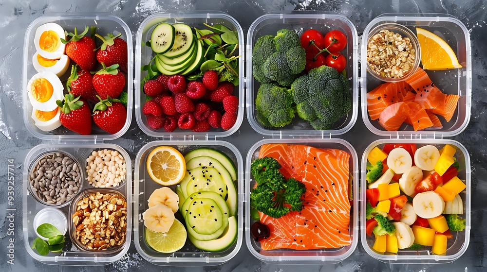 A neatly arranged set of meal prep containers with healthy food. A neatly arranged set of meal prep containers with healthy food.