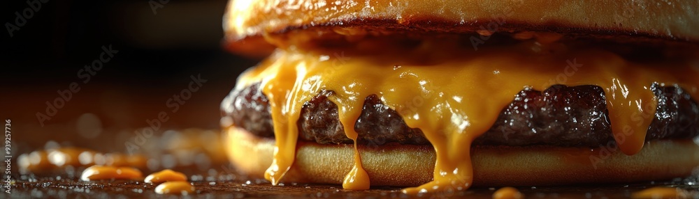 Close-up of a Juicy Cheeseburger Dripping with Melted Cheese and Sauces, A Mouthwatering Indulgence of Greasy Goodness, Perfect for Fast Food Cravings Close-up of a Juicy Cheeseburger Dripping with Melted Cheese and Sauces, A Mouthwatering Indulgence of Greasy Goodness, Perfect for Fast Food Cravings