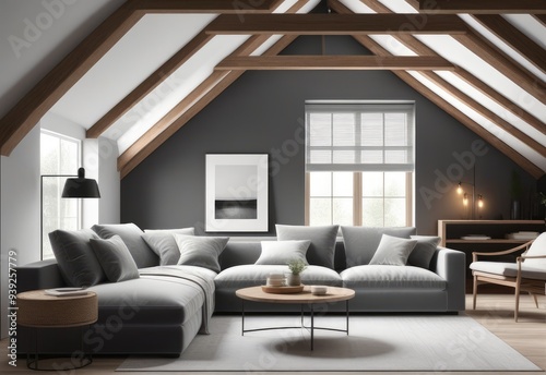 Gray attic living room interior with sofa. 3d rendering