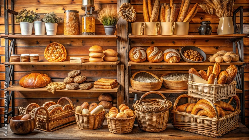 Warm and inviting bakery background featuring rustic wooden shelves, vintage baking utensils, and baskets overflowing with fresh bread and pastries in a cozy atmosphere.