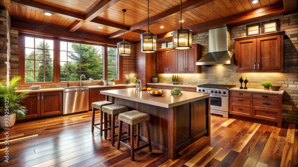 Warm and inviting wooden kitchen interior with rich wood tones, sleek countertops, and modern appliances, evoking a sense of cozy rustic charm and sophistication. Warm and inviting wooden kitchen interior with rich wood tones, sleek countertops, and modern appliances, evoking a sense of cozy rustic charm and sophistication.