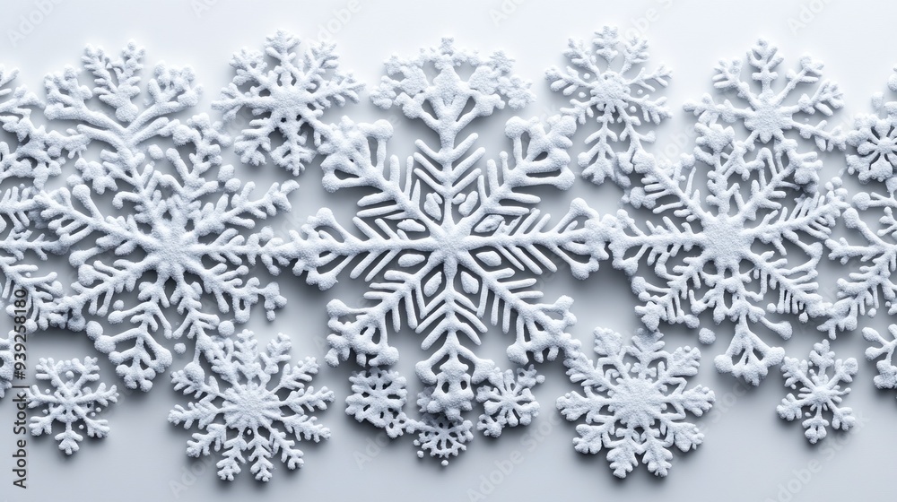 Snowflakes rest on a smooth white backdrop, evoking winter magic Snowflakes rest on a smooth white backdrop, evoking winter magic