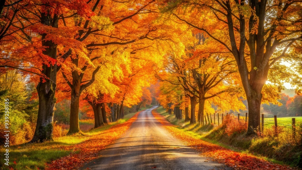 Naklejka premium Warm autumn light casts long, flat shadows on a deserted rural road, surrounded by vibrant orange and yellow leaves, evoking a sense of serene isolation.