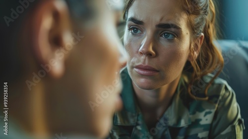 Discussion between a soldier or a distressed woman receiving therapy for trauma related to military experiences, focusing on mental health support for PTSD and stress with a therapist photo