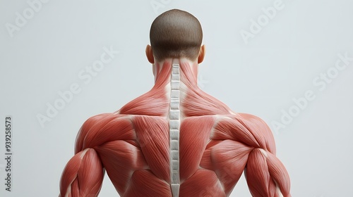 Muscular System of the Human Back: A detailed view of the back muscles, including the trapezius, latissimus dorsi, and erector spinae, shown in isolation. 