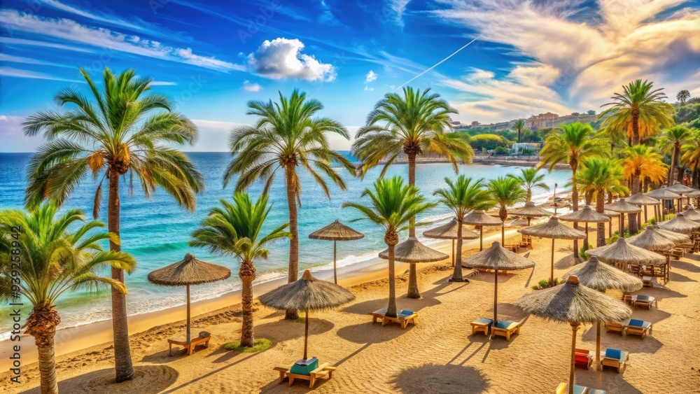 Warm golden sand stretches along the turquoise Mediterranean coast, lined with palm trees and rustic beach umbrellas under a bright blue Spanish sky. Warm golden sand stretches along the turquoise Mediterranean coast, lined with palm trees and rustic beach umbrellas under a bright blue Spanish sky.