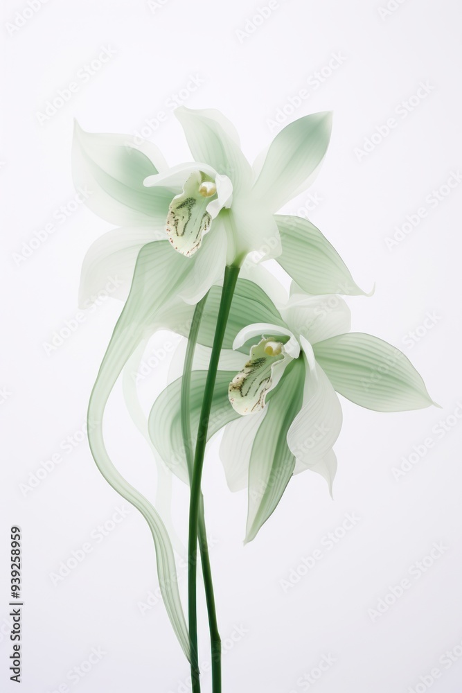 Delicate white orchid with green buds on white background Delicate white orchid with green buds on white background