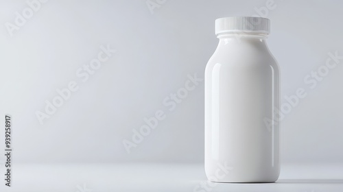 A white bottle with a white lid sits on a white background