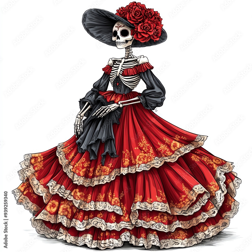 Obraz premium A vibrant skeleton dressed in traditional attire, adorned with flowers. A fusion of culture and art, celebrating life and death.