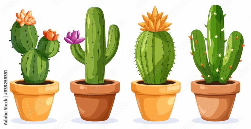 Colorful Cartoon Cacti in Pots with Flowers Colorful Cartoon Cacti in Pots with Flowers