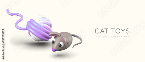 Advertisement for cat toys department. Vector composition on colored background