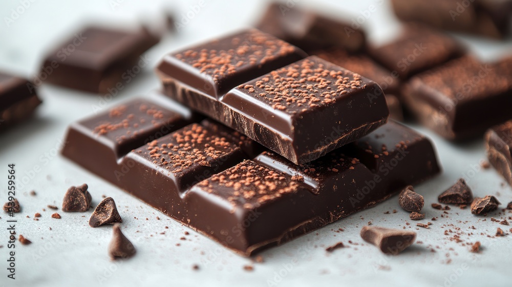 Indulging in rich dark chocolate, showcasing irresistible texture and cocoa dust Indulging in rich dark chocolate, showcasing irresistible texture and cocoa dust