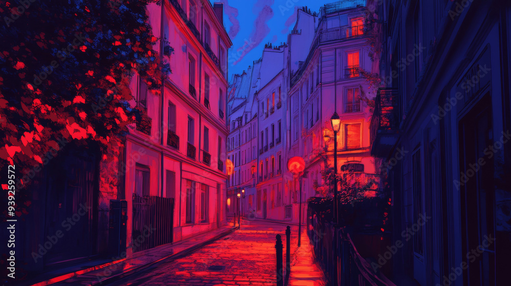 Vibrant city street at dusk with illuminated buildings