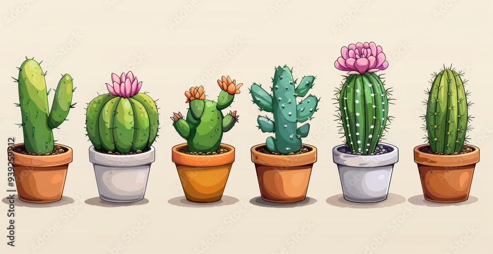 Colorful Cartoon Cacti in Pots with Flowers