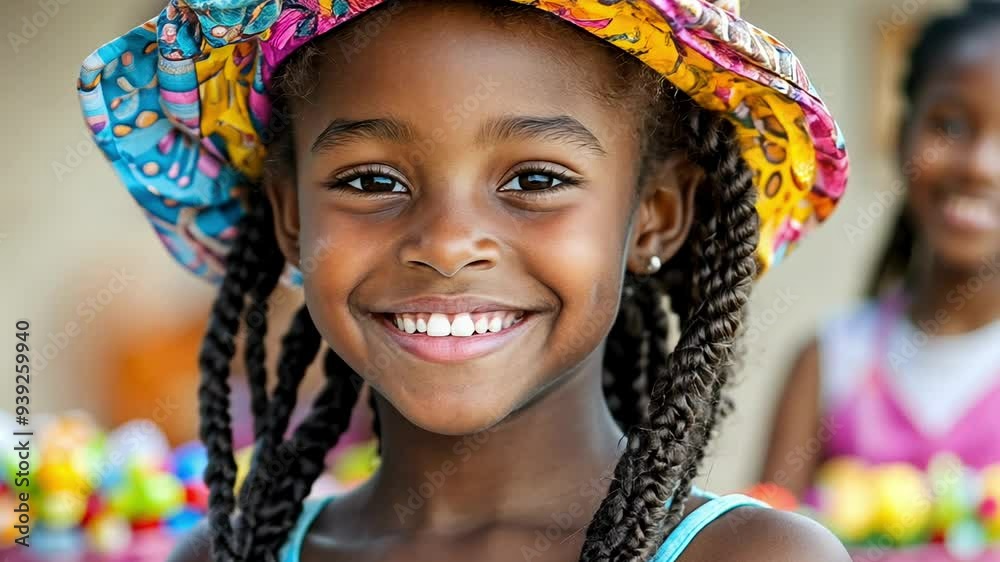 A cheerful girl with braids wears a bright hat while smiling in a lively market filled with colorful decorations and people. A cheerful girl with braids wears a bright hat while smiling in a lively market filled with colorful decorations and people.