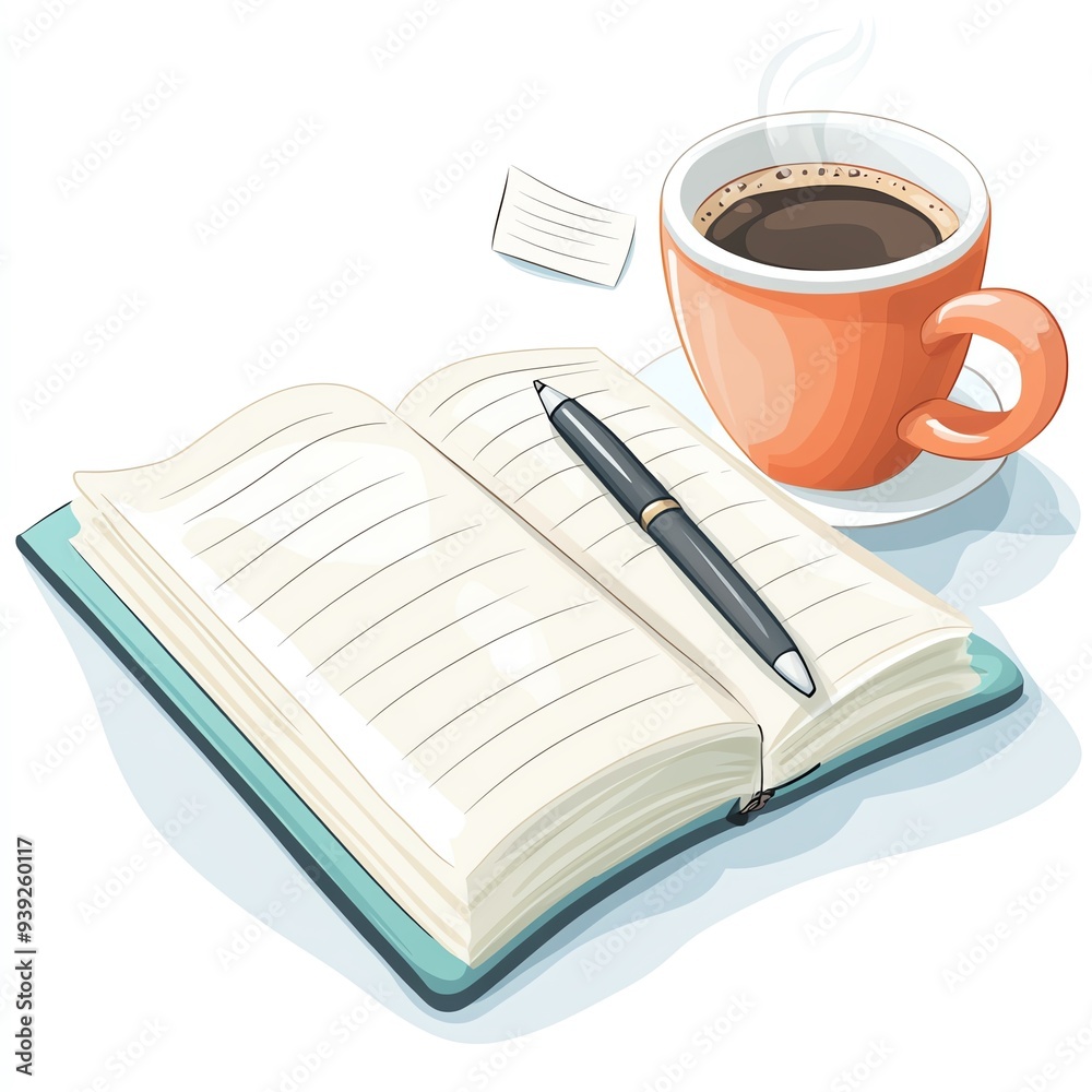 Naklejka premium A cozy scene featuring an open notebook, pen, and a warm cup of coffee, perfect for inspiration and creative writing.