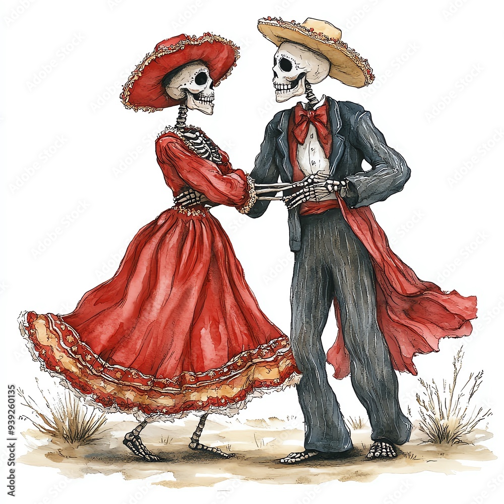 Obraz premium A vibrant illustration of dancing skeletons in traditional attire, capturing the spirit of celebration and culture.