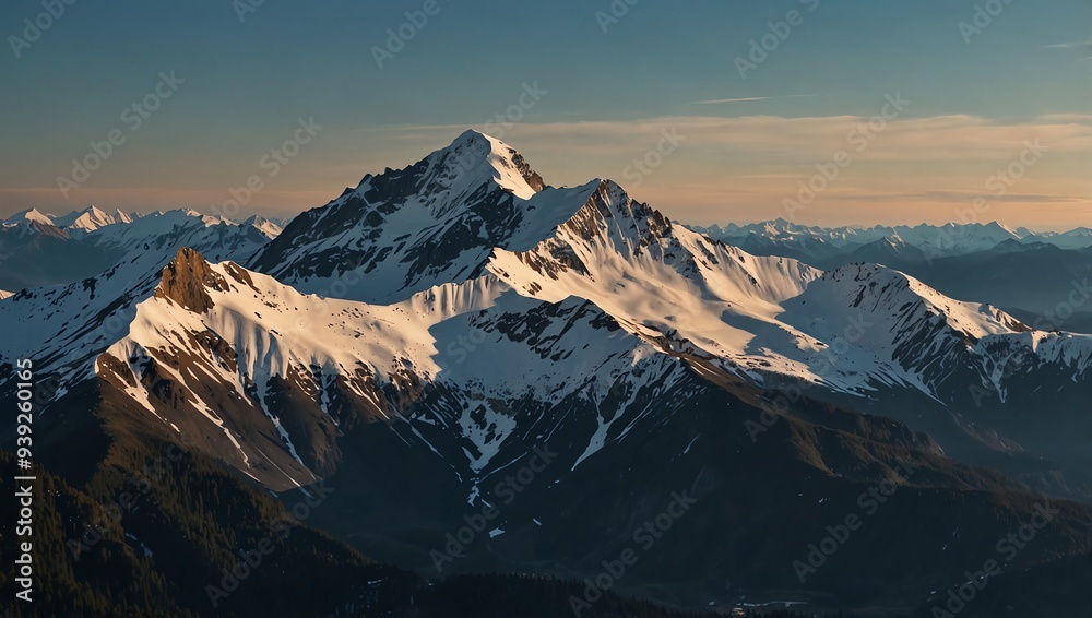 Obraz premium A snow-capped mountain peak with surrounding mountains.