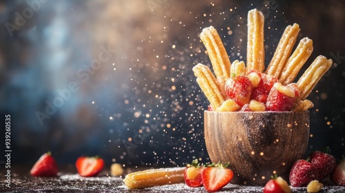 A bowl of churros with strawberries and powdered sugar against a dark background.