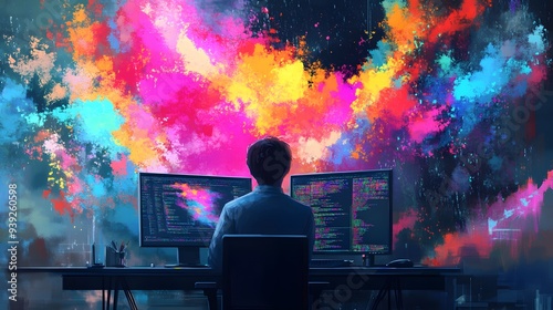 A digital art composition of an AI designer, seen from behind as they work on their computer at the desk in front of them