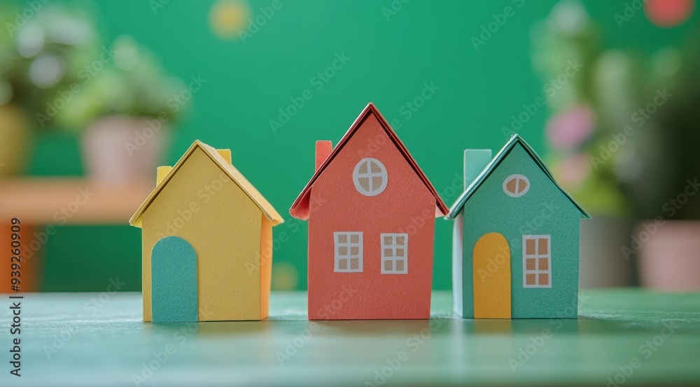 Colorful Paper House Models, vibrant animated style showcasing various paper house designs, minimalistic background enhances bright colors, ideal for creative inspiration and children's learning. Colorful Paper House Models, vibrant animated style showcasing various paper house designs, minimalistic background enhances bright colors, ideal for creative inspiration and children's learning.