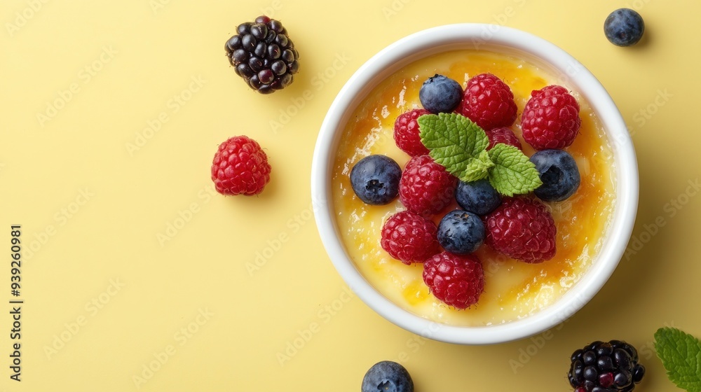 A bowl of cr?me br?l?e with fresh raspberries, blueberries, and blackberries on a yellow background. A bowl of cr?me br?l?e with fresh raspberries, blueberries, and blackberries on a yellow background.