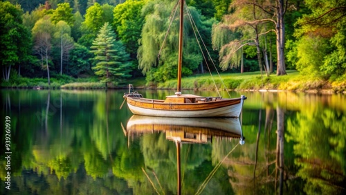 Weathered, rustic, and diminutive, a vintage wooden sailboat sits serenely on a tranquil lake's edge, surrounded by lush greenery and reflected in calm waters. photo